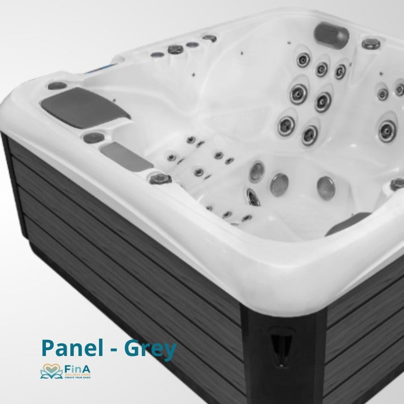 JJSpa Alpha 923 PREMIUM Whirlpool von oben mit weißem Becken, zahlreichen Massagedüsen und granem Paneel, Ansicht der Steuerungselemente