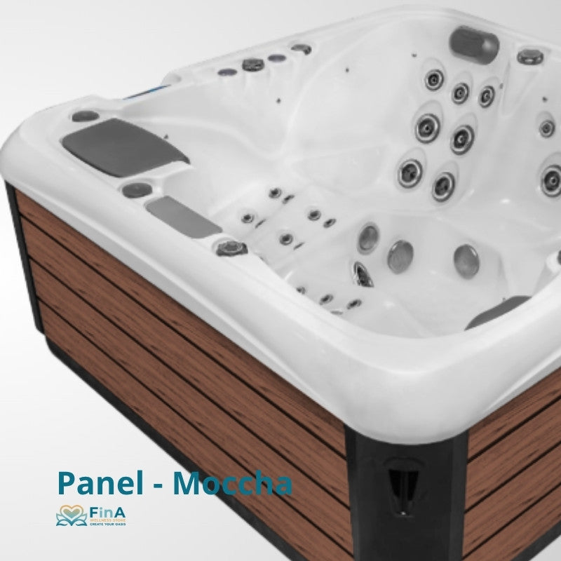 Whirlpool JJSPA Alpha 923 PREMIUM von oben mit weißem Becken, mehreren Hydromassage-Düsen, Bedienfeld und Holzverkleidung in Nussbaum-Optik