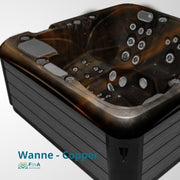 Whirlpool JJSPA Alpha 923 PREMIUM in Kupfer mit dunklem Außengehäuse, Draufsicht auf das Innenbecken mit Massagedüsen und Bedienfeldern