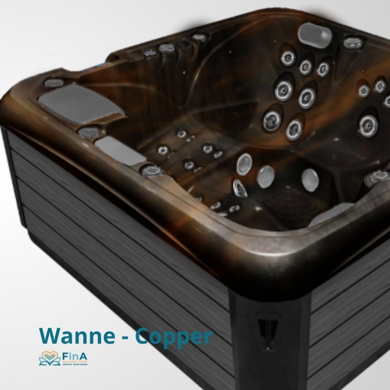 Whirlpool JJSPA Alpha 923 PREMIUM in Kupfer mit dunklem Außengehäuse, Draufsicht auf das Innenbecken mit Massagedüsen und Bedienfeldern