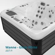 Weißer Whirlpool JJSPA Alpha 923 PREMIUM von oben mit zahlreichen Massagedüsen, schwarzem Rahmen und ergonomischen Sitzplätzen für 5 Personen