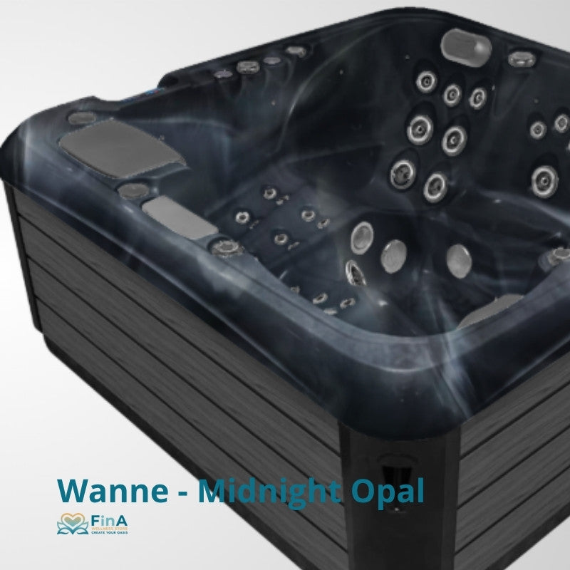 Wanne Midnight Opal von FinA, schwarzer Whirlpool mit Massagedüsen für 5 Personen, Draufsicht auf Wasserbecken mit integrierten Bedienelementen