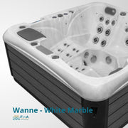 Wanne White Marble des JJSpa Alpha 923 PREMIUM Whirlpools mit weißem Innenbereich, schwarzem Rand und zahlreichen Düsen für 5 Personen