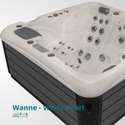 Whirlpool JJSPA Alpha 923 Premium mit weißem Acrylbecken, zahlreichen Massagedüsen und schwarzem Außenrahmen, Draufsicht auf Beckeninnenseite