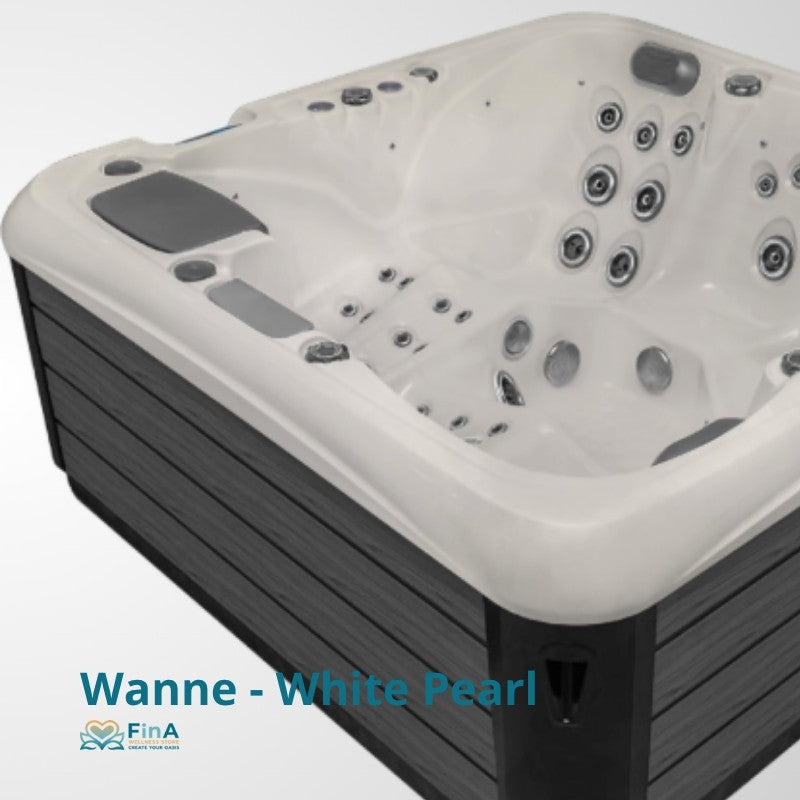 Whirlpool JJSPA Alpha 923 Premium mit weißem Acrylbecken, zahlreichen Massagedüsen und schwarzem Außenrahmen, Draufsicht auf Beckeninnenseite