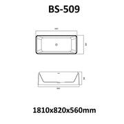 Maßzeichnung der EAGO AWT StoneArt BS-509 Freistehenden Badewanne in Weiß mit Draufsicht und Seitenansicht, Abmessungen 1810x820x560mm