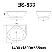 Maßzeichnung EAGO AWT StoneArt BS-533 Freistehende Badewanne 1800x1400x585mm mit Seitenansicht, Draufsicht und Abmessungen