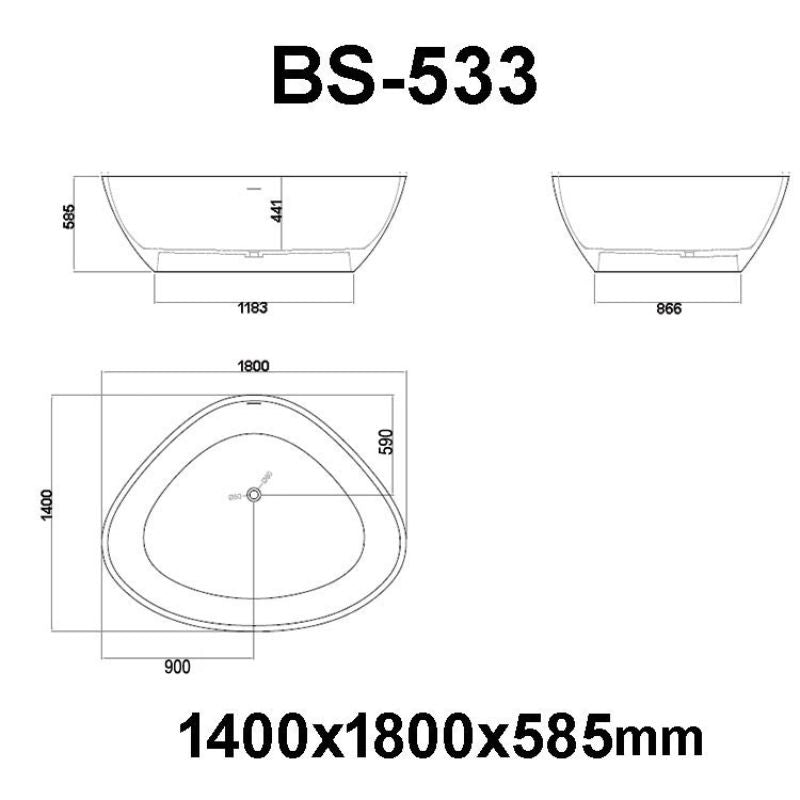 Maßzeichnung EAGO AWT StoneArt BS-533 Freistehende Badewanne 1800x1400x585mm mit Seitenansicht, Draufsicht und Abmessungen