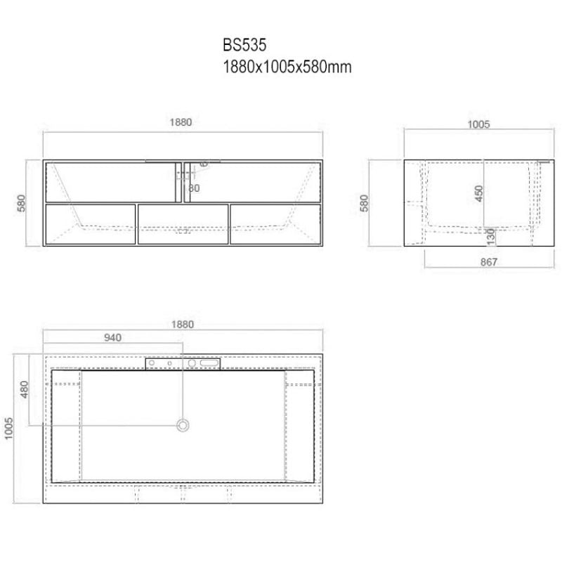 Maßzeichnung der EAGO AWT StoneArt BS-535 Freistehenden Mineralguss Badewanne mit Abmessungen 1880x1005x580mm in verschiedenen Ansichten