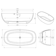 Technische Maßzeichnung der EAGO AWT StoneArt BS-552 Freistehenden Badewanne mit Draufsicht, Seitenansichten und perspektivischer Darstellung, Abmessungen 1770x880 mm