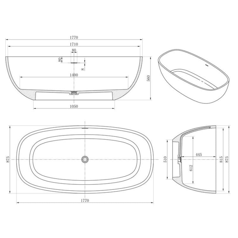 Technische Maßzeichnung der EAGO AWT StoneArt BS-552 Freistehenden Badewanne mit Draufsicht, Seitenansichten und perspektivischer Darstellung, Abmessungen 1770x880 mm