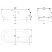 Maßzeichnung der EAGO AWT StoneArt BS-553 Badewanne mit technischen Abmessungen in Vorder-, Seiten- und Draufsicht, Länge 1650 mm, Breite 750 mm, Höhe 580 mm