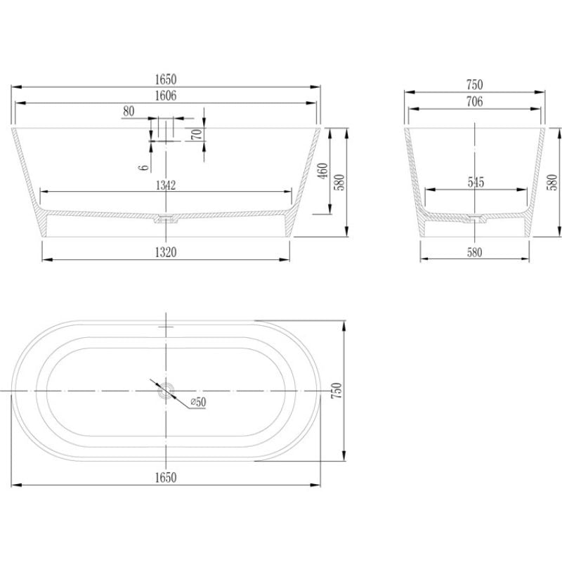 Maßzeichnung der EAGO AWT StoneArt BS-553 Badewanne mit technischen Abmessungen in Vorder-, Seiten- und Draufsicht, Länge 1650 mm, Breite 750 mm, Höhe 580 mm