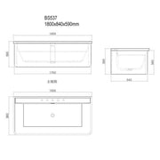 Maßzeichnung EAGO AWT StoneArt BS537 Badewanne 1800x840x590mm mit Draufsicht, Seitenansicht und Stirnansicht