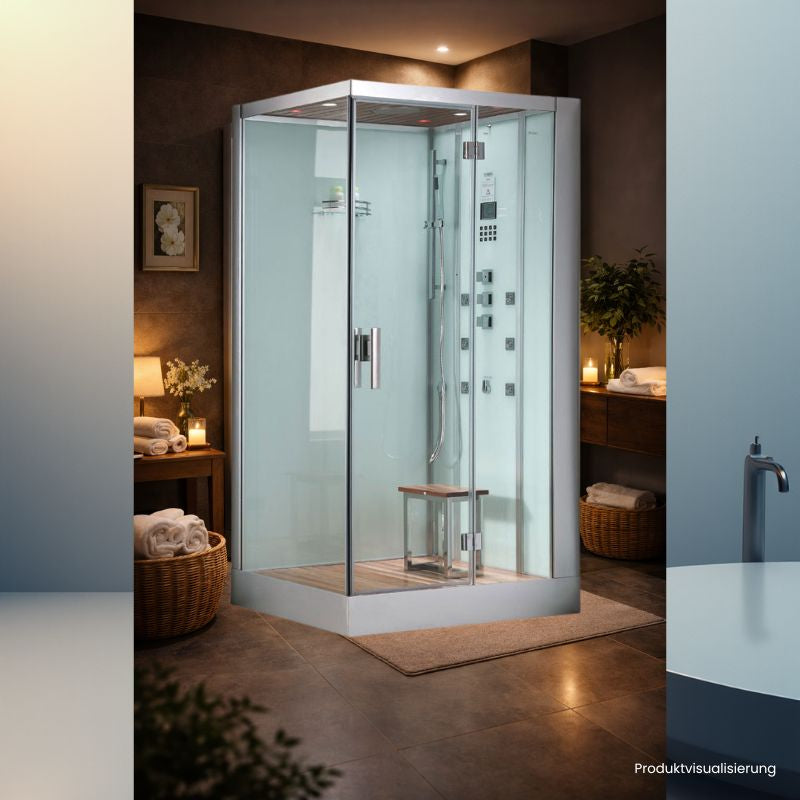 Moderne AWT-DZ959F8 Dampfduschkabine aus Glas mit Edelstahlrahmen in ruhiger Wellness-Umgebung