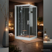 Moderne AWT-DZ960F8 Dampfduschkabine aus Glas mit Edelstahlrahmen in ruhiger Wellness-Umgebung
