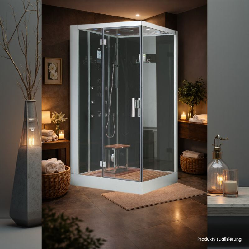Moderne AWT-DZ960F8 Dampfduschkabine aus Glas mit Edelstahlrahmen in ruhiger Wellness-Umgebung