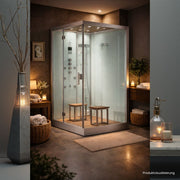 Moderne AWT-DZ961F8 Dampfduschkabine aus Glas mit Edelstahlrahmen in ruhiger Wellness-Umgebung