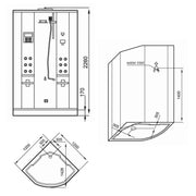 Maßzeichnung einer Dampfdusche AWT DZ962F8 von EAGO mit Frontalansicht, Seitenansicht und Draufsicht, inklusive Abmessungen und technischen Details zum Dampfgenerator