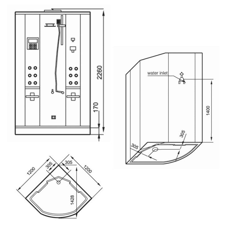 Maßzeichnung einer Dampfdusche AWT DZ962F8 von EAGO mit Frontalansicht, Seitenansicht und Draufsicht, inklusive Abmessungen und technischen Details zum Dampfgenerator