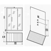 Maßzeichnung der EAGO AWT DZ972F8 Dampfdusche mit Frontansicht der Glastür, Seitenprofil und Abmessungen 1500x950mm, Höhe 2210mm, inklusive integriertem Dampfgenerator
