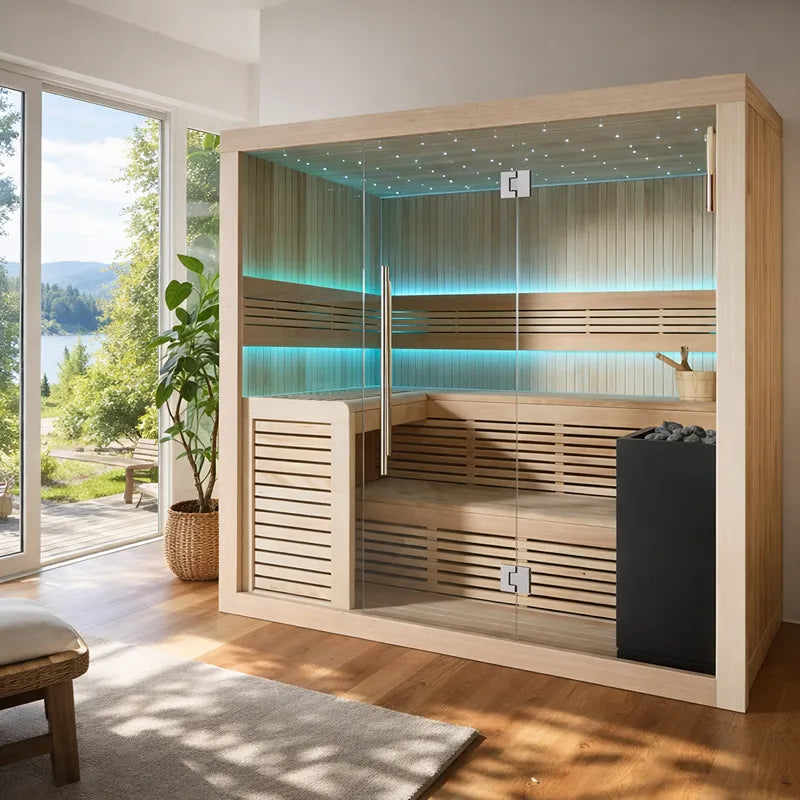 Moderne Hemlock-Sauna EAGO AWT E1112B mit Glastüren, LED-Beleuchtung und Saunaofen in hellem Wohnzimmer mit Seeblick