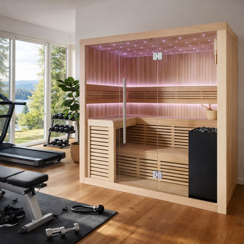 Moderne Hemlock-Sauna EAGO AWT E1112C mit Glastür in hellem Holz, LED-Beleuchtung und Saunaofen in minimalistischem Heimfitness-Studio mit Trainingsgeräten.
