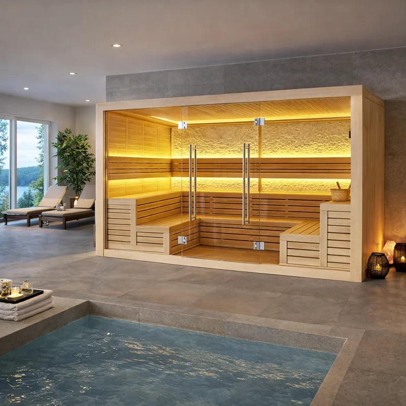 Großzügige Hemlock-Sauna EAGO AWT E1600C mit Glastüren, warmweißer LED-Beleuchtung und Sitzbänken in luxuriöser Wellnessanlage neben Becken