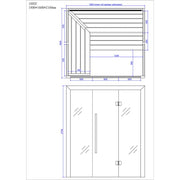Maßzeichnung EAGO AWT E1602C Hemlock Sauna 180x160x210cm mit Draufsicht und Frontansicht, Abmessungen und Innenausstattung
