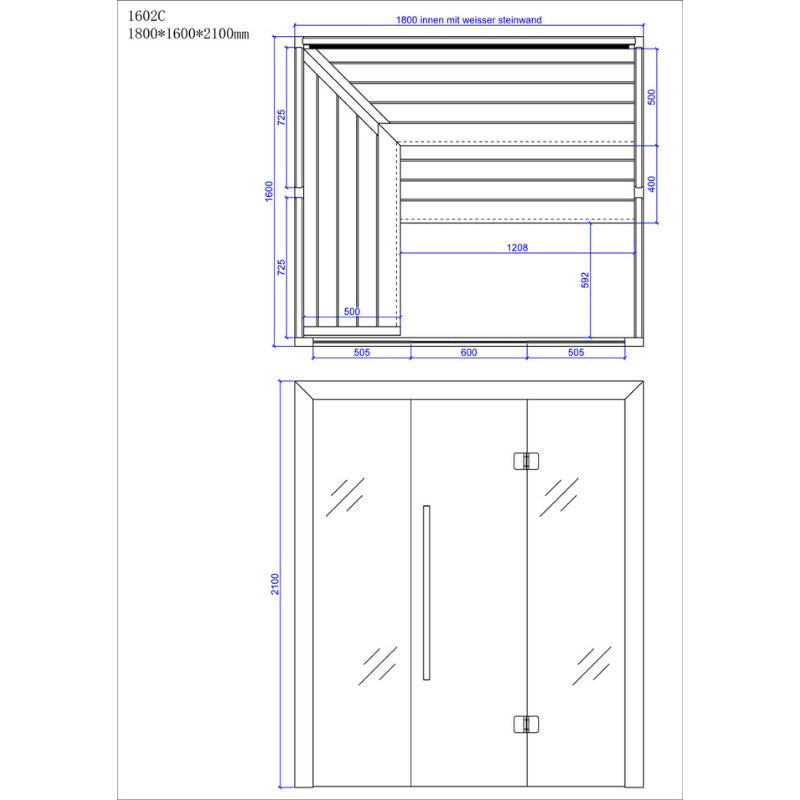 Maßzeichnung EAGO AWT E1602C Hemlock Sauna 180x160x210cm mit Draufsicht und Frontansicht, Abmessungen und Innenausstattung