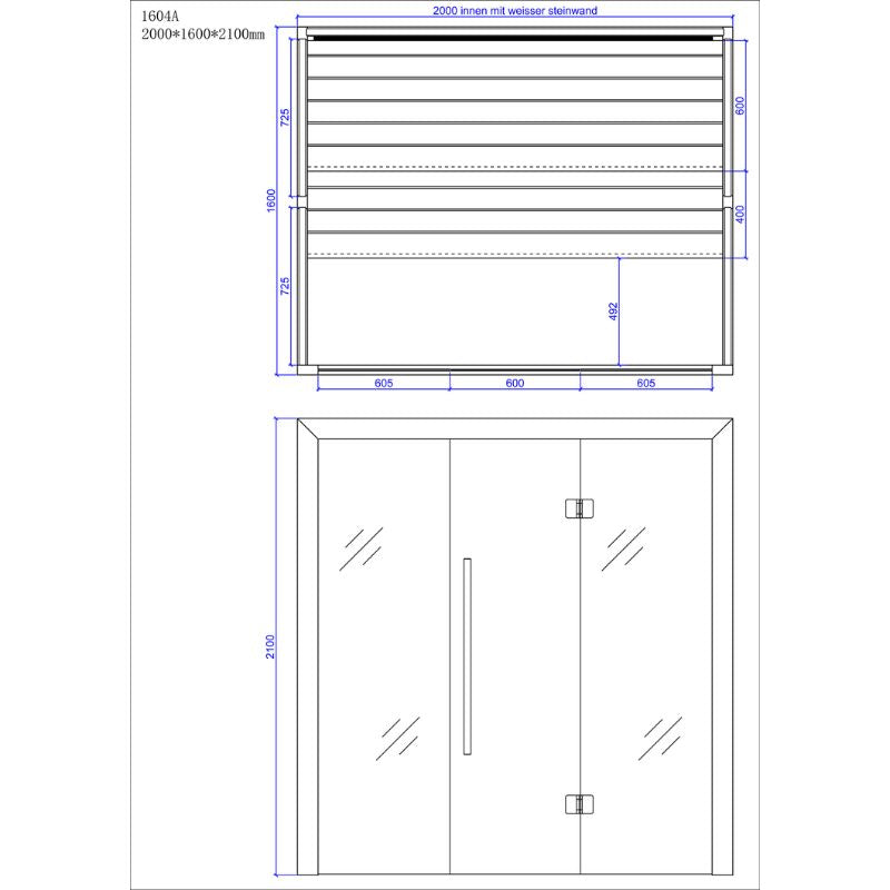 Maßzeichnung der EAGO AWT E1604A Hemlock Sauna 200x160 mit Draufsicht und Frontansicht, Abmessungen 2000x1600x2100mm
