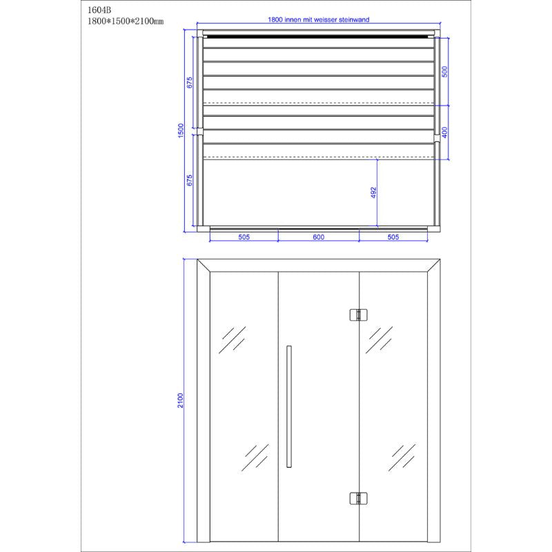 Maßzeichnung der EAGO AWT E1604B Hemlock Sauna 180x150, technische Draufsicht und Frontansicht mit Abmessungen und Inneneinteilung
