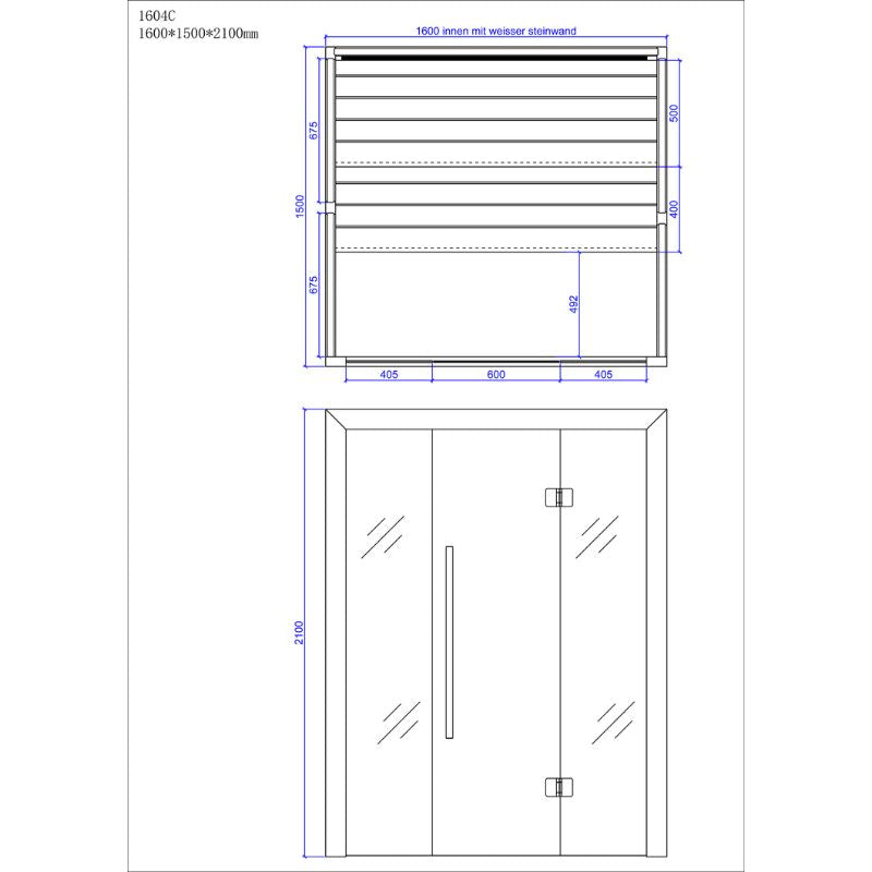 Maßzeichnung EAGO AWT E1604C Hemlock Sauna 160x150 mit Frontal- und Draufsicht, Abmessungen 1600x1500x2100mm, Holzbänke und Glastür