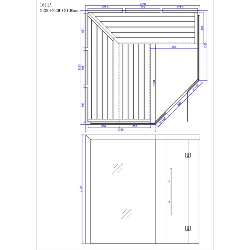 Maßzeichnung der EAGO AWT E1611A Hemlock Sauna mit Draufsicht und Frontansicht, Abmessungen 2200x2200x2100mm für 4+ Personen
