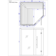 Maßzeichnung der EAGO AWT E1611C Hemlock Sauna mit Draufsicht und Frontansicht, 1800x1800x2100mm, inklusive Abmessungen und Türöffnung für 3-4 Personen