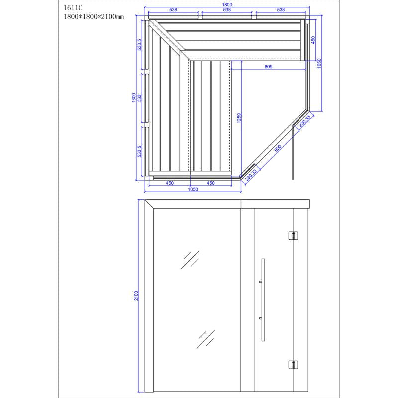 Maßzeichnung der EAGO AWT E1611C Hemlock Sauna mit Draufsicht und Frontansicht, 1800x1800x2100mm, inklusive Abmessungen und Türöffnung für 3-4 Personen