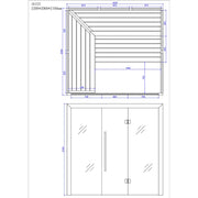 Maßzeichnung der EAGO AWT E1612A Hemlock Sauna mit Grundriss und Draufsicht, Abmessungen 2200×2000×2100 mm, vier Liegeplätze mit Saunabänken und Glastür.