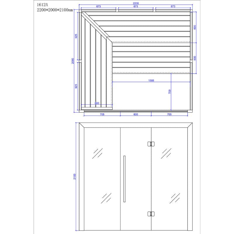 Maßzeichnung der EAGO AWT E1612A Hemlock Sauna mit Grundriss und Draufsicht, Abmessungen 2200×2000×2100 mm, vier Liegeplätze mit Saunabänken und Glastür.
