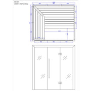 Maßzeichnung Infrarot-Sauna EAGO AWT E1612B mit detaillierten Ansichten der Innenausstattung, Sitzflächen und Türkonfiguration für 3-4 Personen, Abmessungen 2000x1700x2100mm