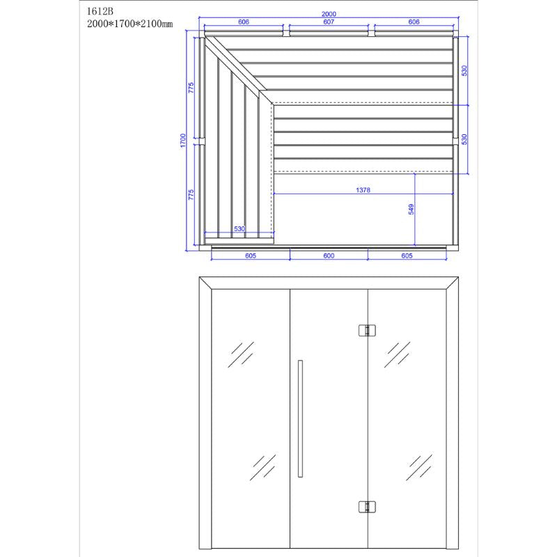 Maßzeichnung Infrarot-Sauna EAGO AWT E1612B mit detaillierten Ansichten der Innenausstattung, Sitzflächen und Türkonfiguration für 3-4 Personen, Abmessungen 2000x1700x2100mm