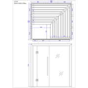 Maßzeichnung der AWT E1613B Hemlock Sauna von EAGO mit Abmessungen 2000×1800×2100 mm, Draufsicht und Frontansicht mit Bankanordnung und Tür