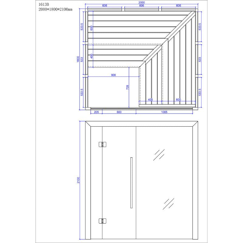 Maßzeichnung der AWT E1613B Hemlock Sauna von EAGO mit Abmessungen 2000×1800×2100 mm, Draufsicht und Frontansicht mit Bankanordnung und Tür