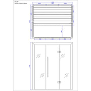 Maßzeichnung EAGO AWT E1614B Hemlock Sauna 180x150cm mit Draufsicht der Bänke und Frontansicht der Glastür, Abmessungen 1800x1500x2100mm