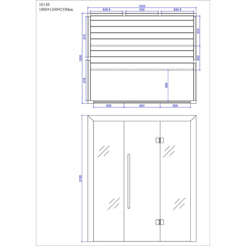 Maßzeichnung EAGO AWT E1614B Hemlock Sauna 180x150cm mit Draufsicht der Bänke und Frontansicht der Glastür, Abmessungen 1800x1500x2100mm