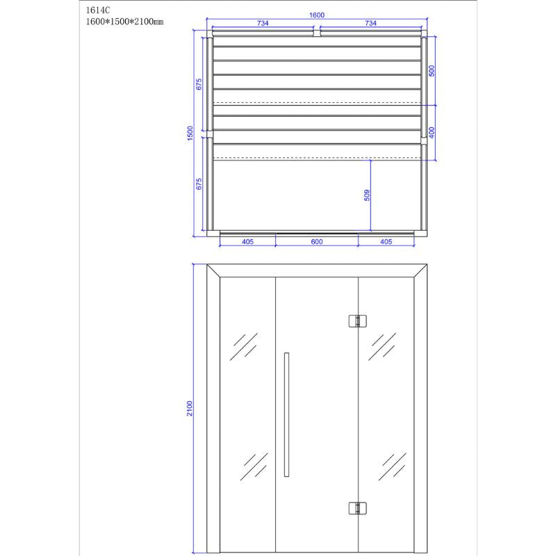 Maßzeichnung der EAGO AWT E1614C Hemlock Sauna 160x150 mit technischen Abmessungen und Frontansicht, Draufsicht mit Sitzanordnung und Türkonfiguration