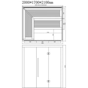 Maßzeichnung der AWT E1622B Hemlock Sauna 200x170 mit Draufsicht des Innenraums und Seitenprofil, Abmessungen 2000x1700x2100mm, Bankanordnung und Türdetail.