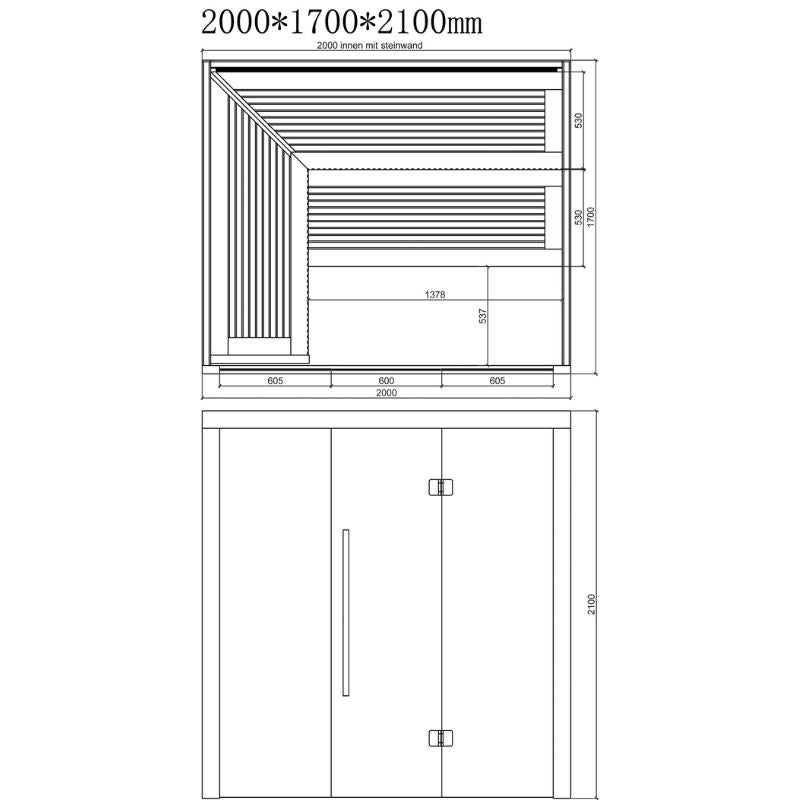 Maßzeichnung der AWT E1622B Hemlock Sauna 200x170 mit Draufsicht des Innenraums und Seitenprofil, Abmessungen 2000x1700x2100mm, Bankanordnung und Türdetail.