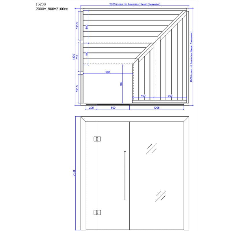 Maßzeichnung der AWT E1623B Hemlock Sauna 200x180cm mit Innen- und Außenansicht, Maßstab und Detailangaben, Modell für 3-4 Personen.