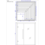 Maßzeichnung der EAGO AWT E1623C Hemlock Sauna 180x180, zeigt Draufsicht mit Sitzanordnung und Seitenschnitt mit Türansicht, Abmessungen 1800x1800x2100mm