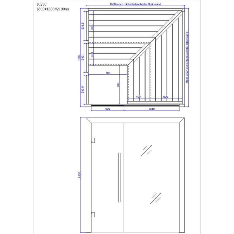 Maßzeichnung der EAGO AWT E1623C Hemlock Sauna 180x180, zeigt Draufsicht mit Sitzanordnung und Seitenschnitt mit Türansicht, Abmessungen 1800x1800x2100mm